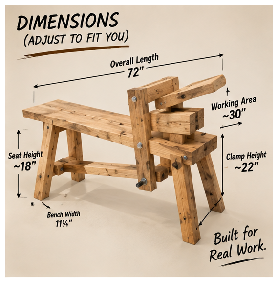 Dimensioned DIY shaving horse plan showing overall length, seat height, bench width, clamp height, and working area.