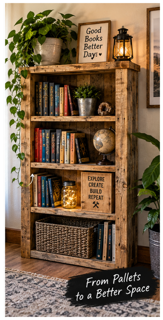 Finished rustic pallet bookshelf made from reclaimed wood and styled with books, plants, storage baskets, and decor.