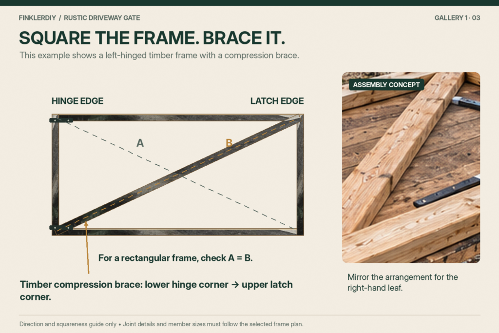 Gate frame diagram showing diagonal squareness checks and a timber compression brace from the lower hinge to upper latch corner.