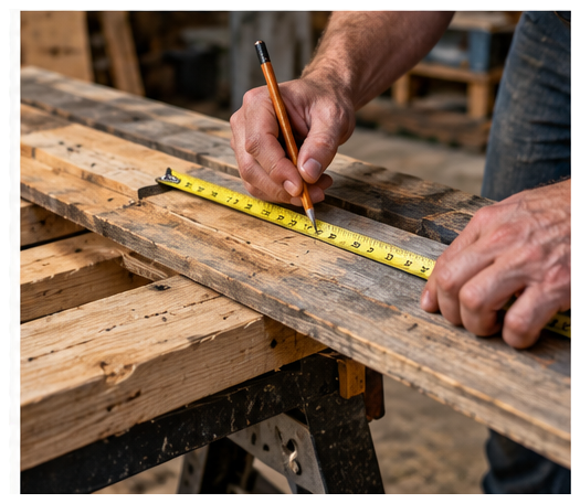 Measuring and marking reclaimed pallet wood before cutting pieces for a DIY bookshelf.