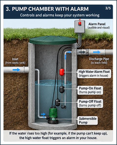 Cutaway diagram of a septic pump chamber showing the effluent pump, pump-on and pump-off floats, high-water alarm float, and discharge pipe.