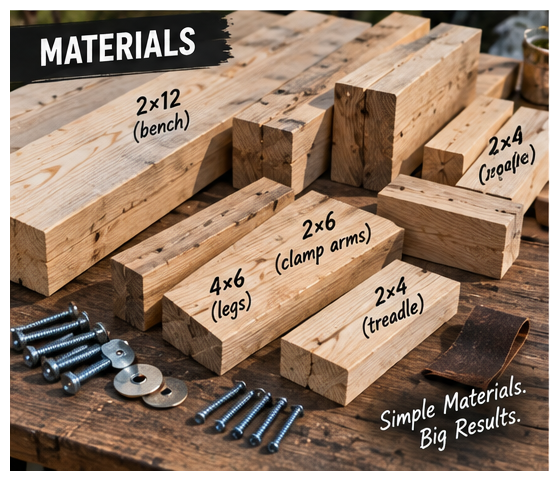 Lumber and hardware laid out for building a heavy-duty DIY shaving horse, including 2x12, 2x6, 4x4, and 2x4 pieces.