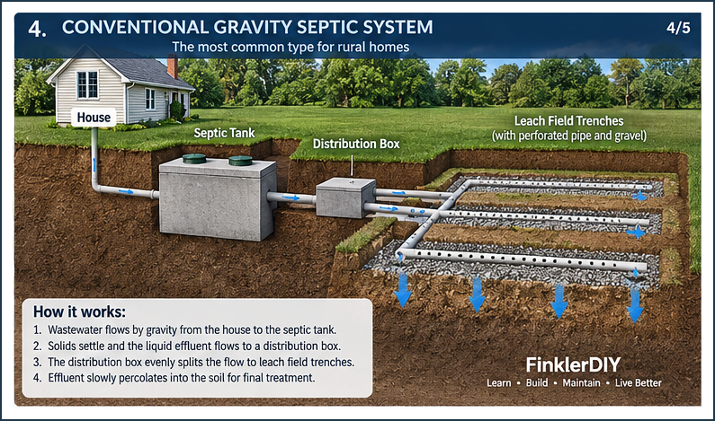 Diagram of a conventional gravity septic system showing a house, septic tank, distribution box, and leach field trenches.