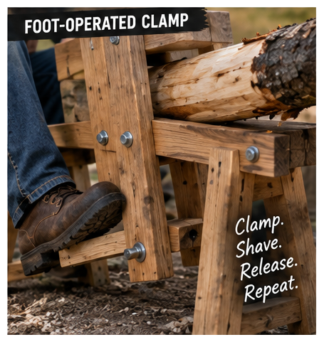 Close-up of the foot-operated clamping mechanism on a DIY shaving horse securing a round log for drawknife work.
