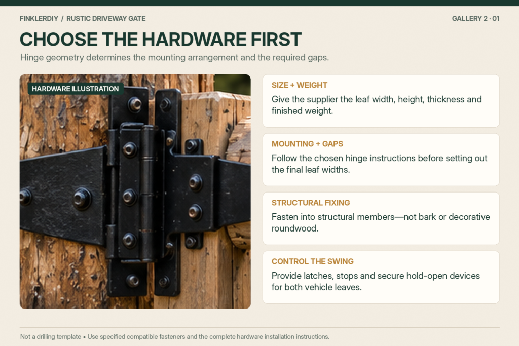 Gate hinge illustration with guidance on hardware sizing, structural mounting, clearances, latches and hold-open devices.