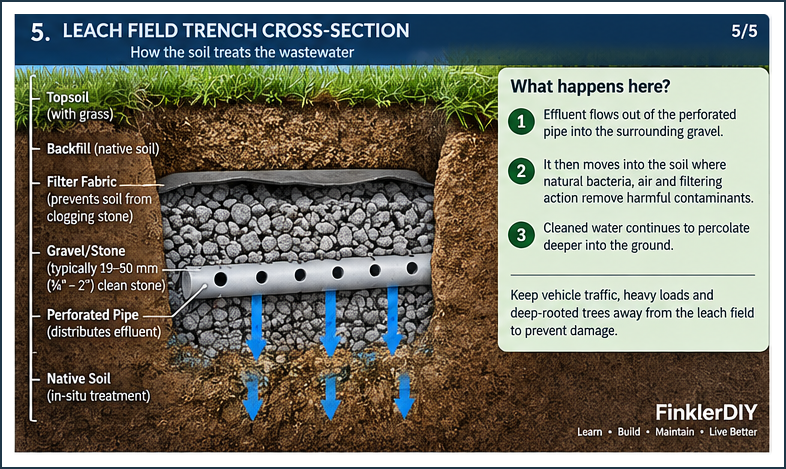 Cross-section of a septic leach field trench showing perforated pipe, gravel, filter fabric, topsoil, and wastewater filtering into native soil.
