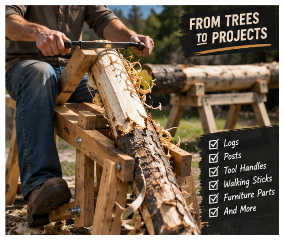 Woodworker using a drawknife and shaving horse to peel bark from a large round log outdoors.