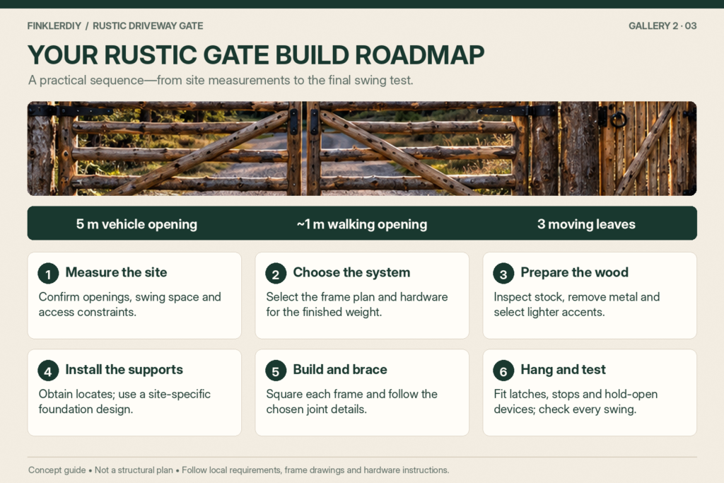 Six-step rustic driveway gate infographic covering planning, hardware, wood preparation, posts, framing and final checks.