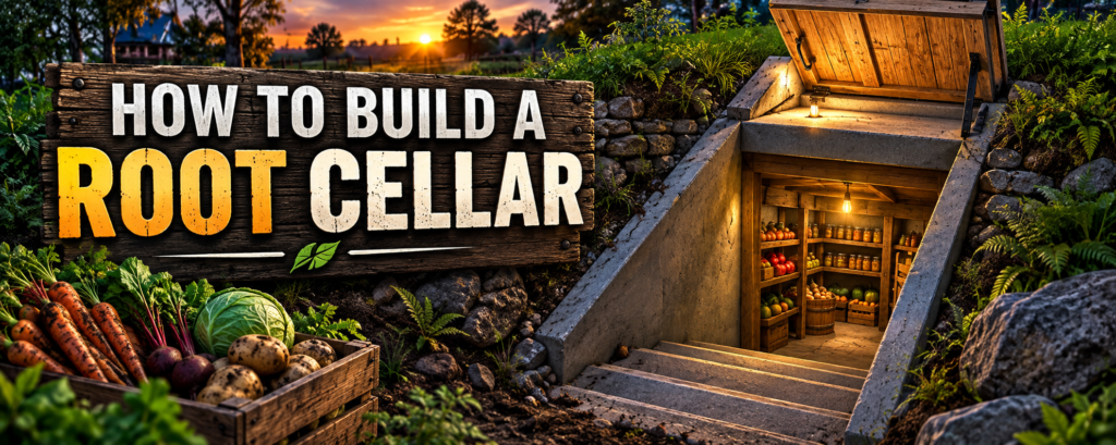 How to build a root cellar banner showing an underground cellar entrance, vegetable storage shelves, and fresh root vegetables
