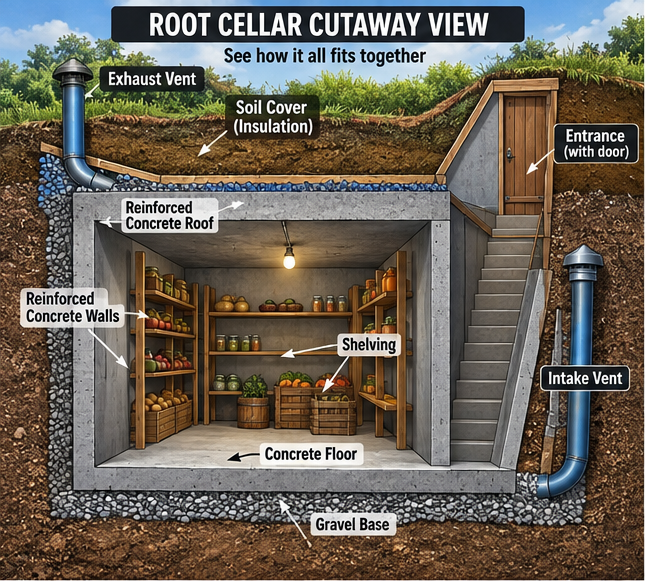 Root cellar cutaway showing reinforced concrete walls, roof, gravel base, shelving, entrance, and ventilation pipes