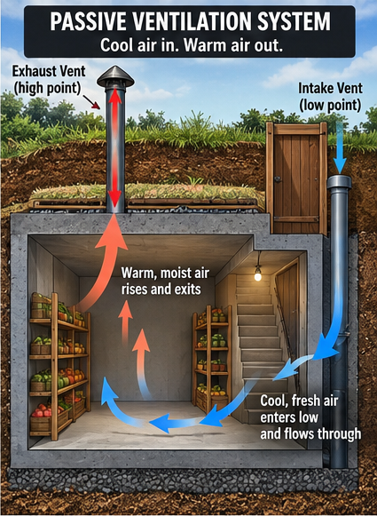 Root cellar passive ventilation diagram showing low fresh-air intake and high warm-air exhaust