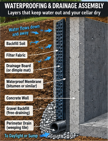 Root cellar waterproofing and drainage layers showing membrane, drainage board, gravel backfill, and perimeter drain