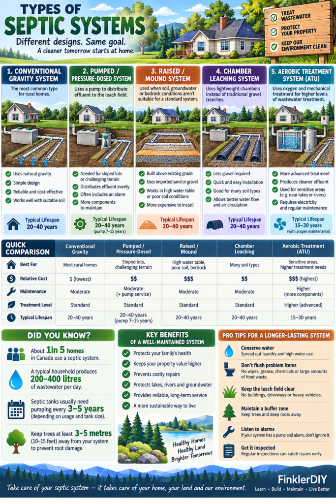 Infographic comparing five common septic system types, including conventional gravity, pressure-dosed, mound, chamber, and aerobic systems, with advantages, maintenance needs, lifespan, costs, and homeowner tips.