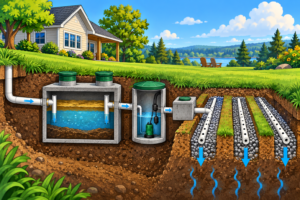 Cartoon cutaway illustration of a rural home septic system showing the underground septic tank, pump chamber, distribution box, and leach field beneath a grassy yard.