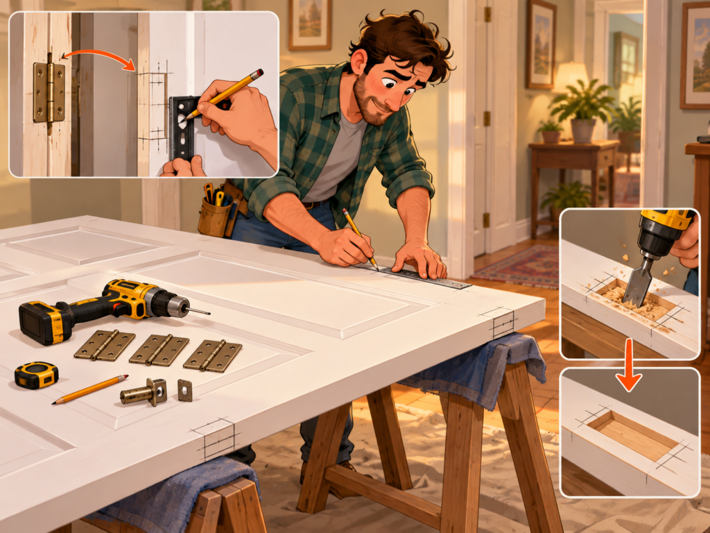 Illustrated guide to measuring an interior door’s width, height, thickness, and hinge positions before replacement.