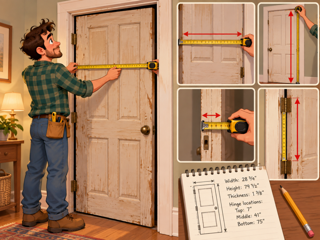 Cartoon DIYer checking an installed interior door with a spirit level, alongside close-ups of the latch and hinge adjustments.