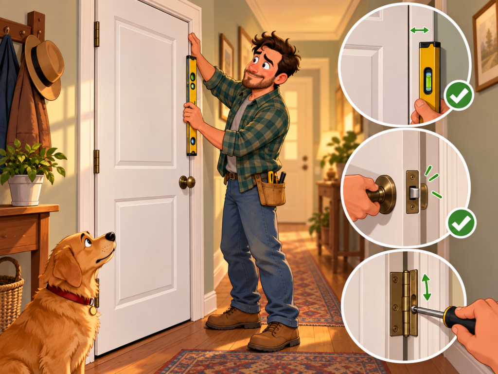 Cartoon DIYer checking an installed interior door with a spirit level, alongside close-ups of the latch and hinge adjustments.