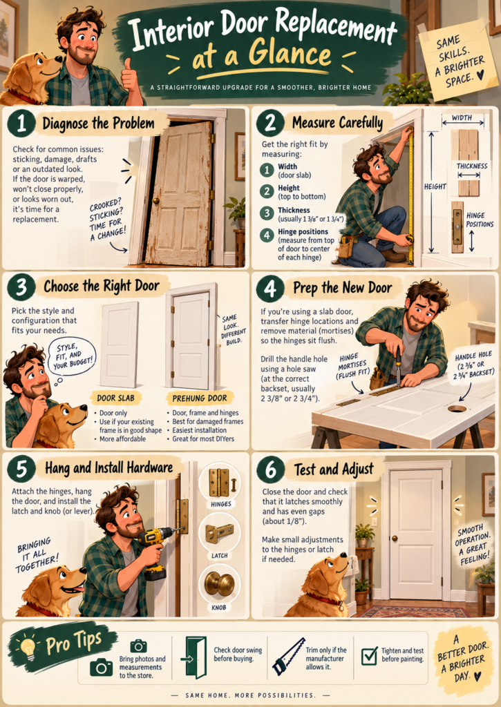 Interior door replacement infographic covering inspection, measuring, door selection, hinge preparation, hanging, and final adjustments.