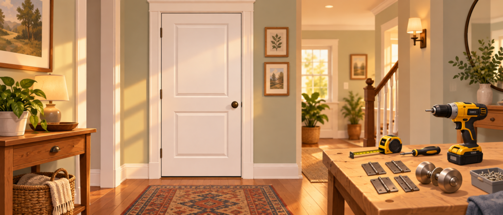 New white interior door in a sunlit hallway beside a workbench with hinges, a drill, a tape measure, and door hardware.